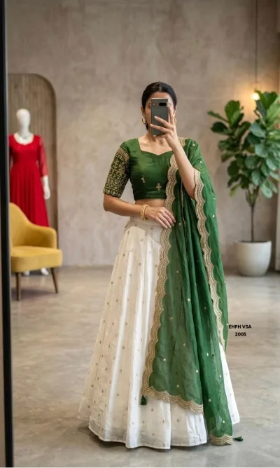 Green Embroidered Lehenga with Dupatta – Green & Beige